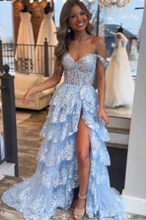 Long Prom Dresses With Lace Ruffles